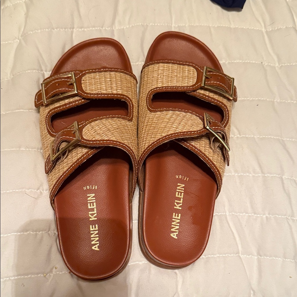 Anne Klein Woven Brown and Tan Slide Sandals